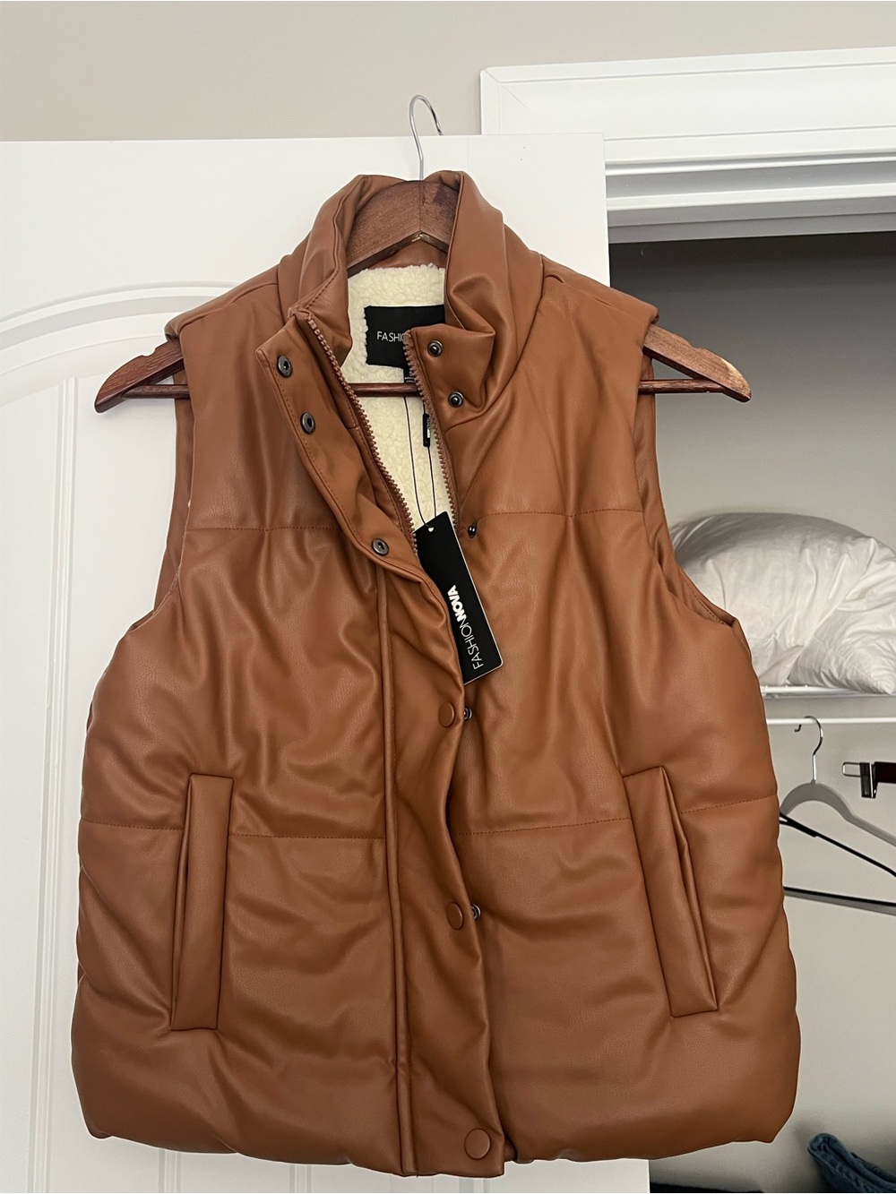 Fashion Nova Faux Leather Puffer Vest in Tan